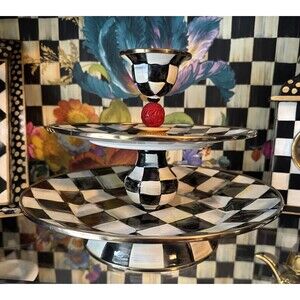 Mackenzie-Childs Courtly Check Enamel Two-Tier Sweet Stand w/Cup on Top 8” Tall